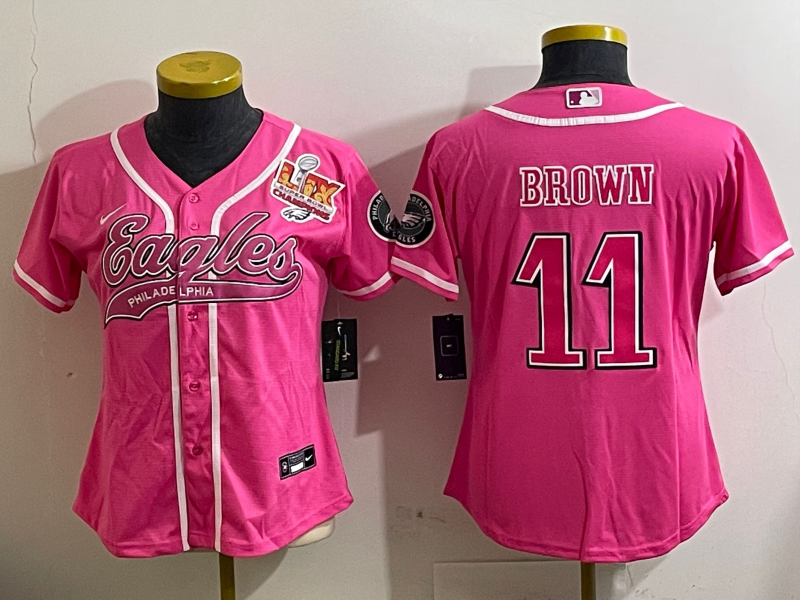 Eagles 25/26 Brown #11 Pink/White/Black Women NFL Baseball Style Jersey