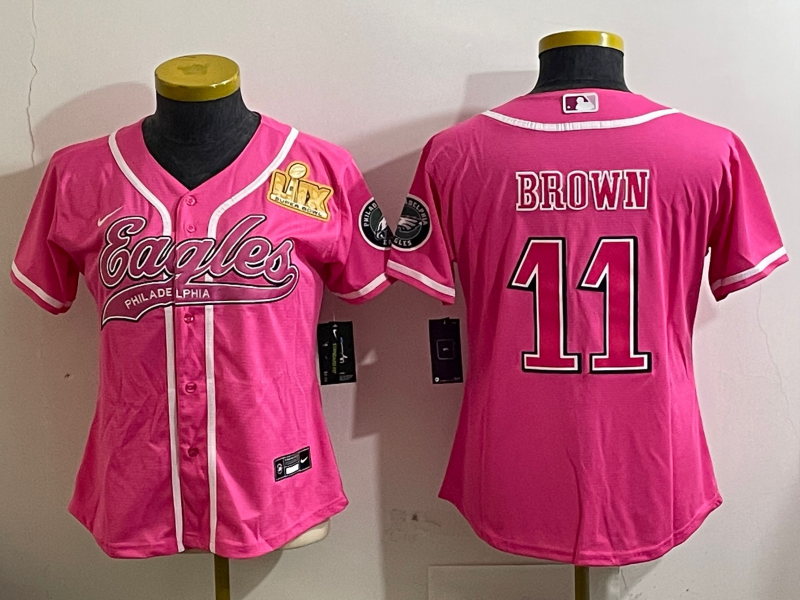 Eagles 25/26 Brown #11 Pink/White/Black Women NFL Baseball Style Jersey