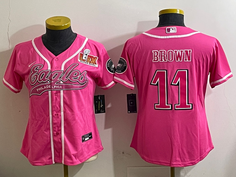 Eagles 25/26 Brown #11 Pink/White/Black Women NFL Baseball Style Jersey