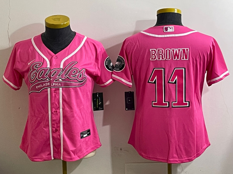 Eagles 25/26 Brown #11 Pink/White/Black Women NFL Baseball Style Jersey