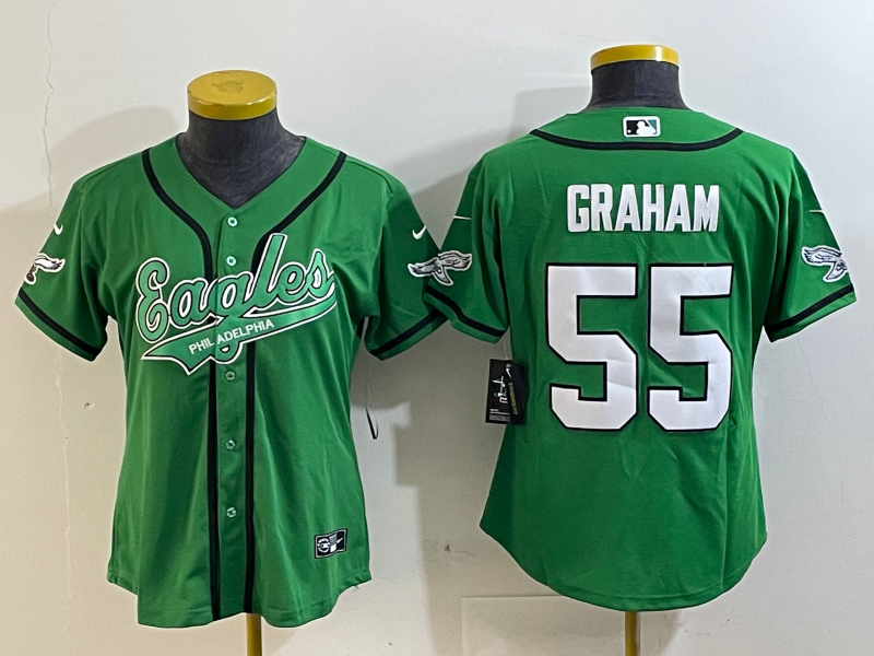 Eagles 25/26 Graham #55 Green/White/Black Women NFL Baseball Style Jersey