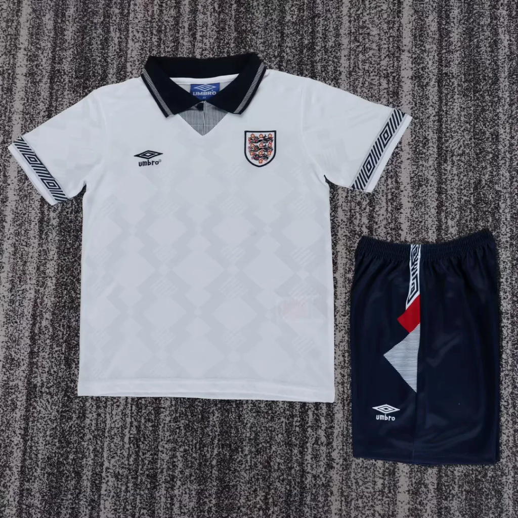 England 1990 Vintage Retro White Home Kids Jersey Set