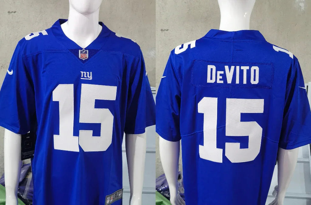 Giants 25/26 DeVito #15 Royal Blue/White Game NFL Jersey