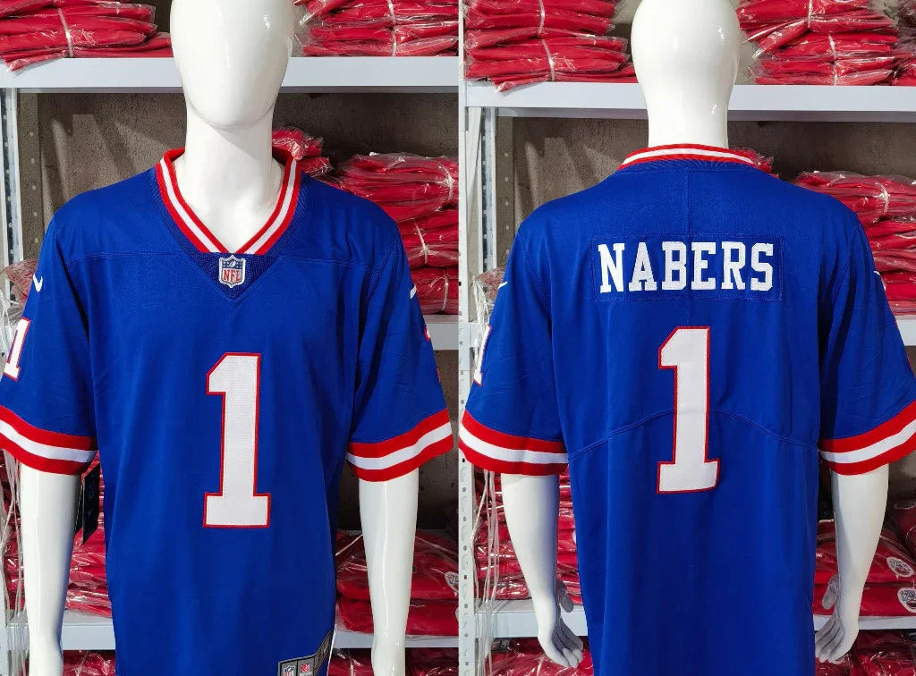 Giants 25/26 Nabers #1 Royal Blue/Red Game NFL Jersey