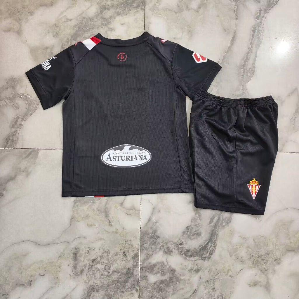 Gijon 25/26 Black/White/Red Away Kids Jersey Set