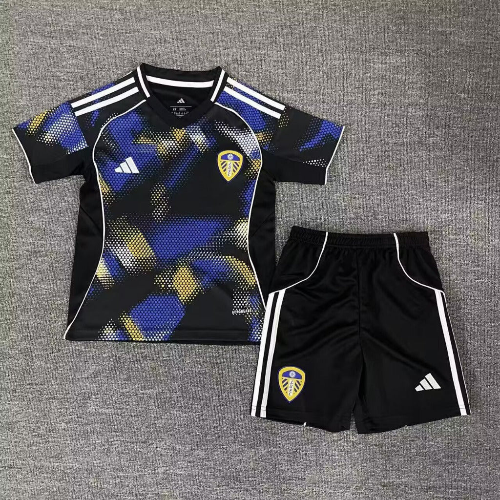Leeds United 25/26 Black/Blue Third Away Kids Jersey Set