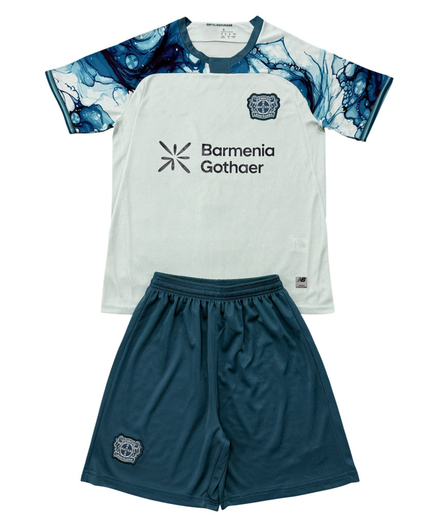 Leverkusen 26/27 White/Blue Marble Away Kids Jersey Set