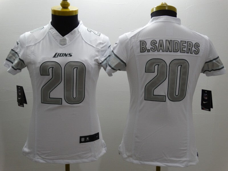 Lions 2021/22 Barry Sanders #20 White/Gray Women NFL Jersey
