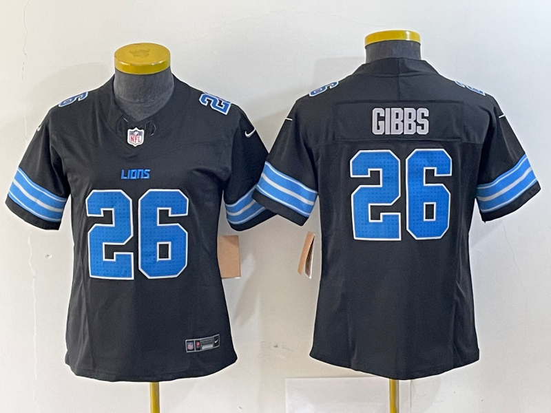 Lions 2023/24 Gibbs #26 Black/Blue Women NFL Jersey