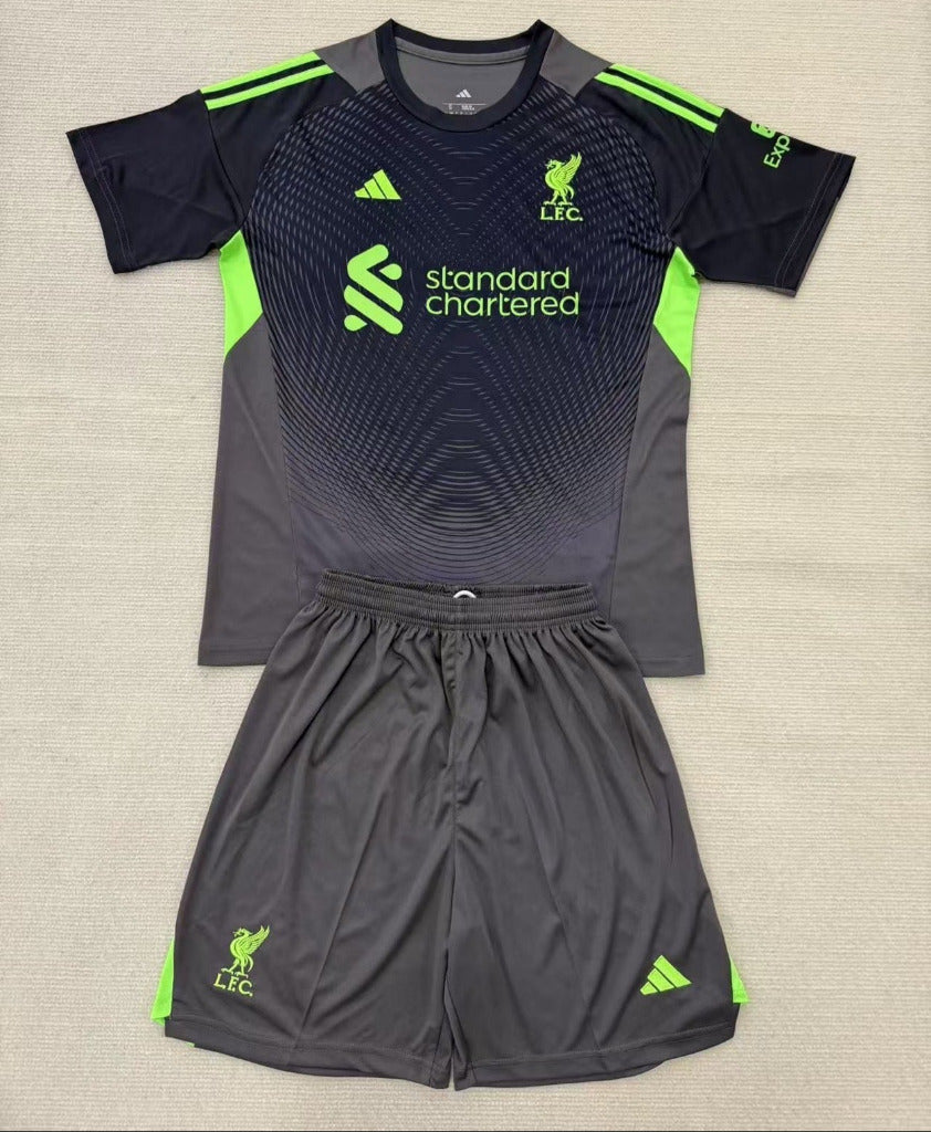 Liverpool 25/26 Black/Green Goalkeeper Kids Jersey Set
