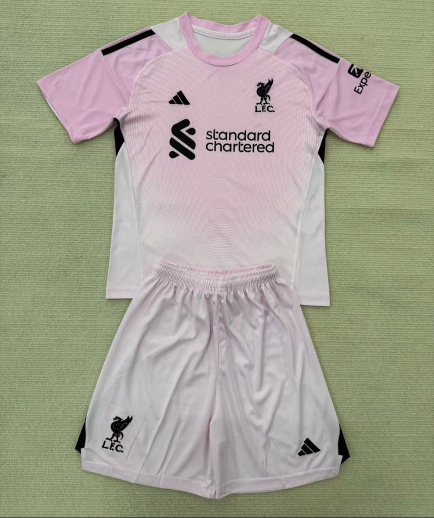 Liverpool 25/26 Pink/White Goalkeeper Kids Jersey Set