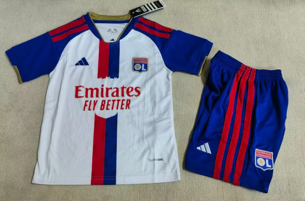 Lyon 26/27 Blue Sleeve/Red/Blue Central Stripe Home Kids Jersey Set