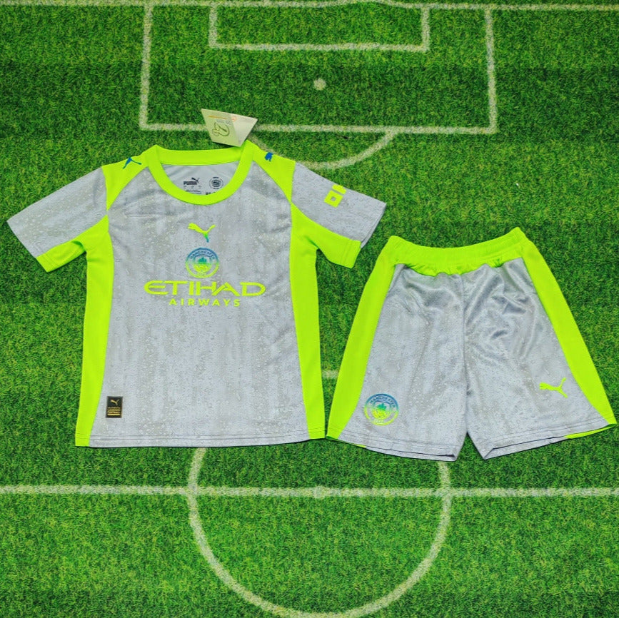 Manchester City 25/26 Gray/Green 3rd Kids Jersey Set