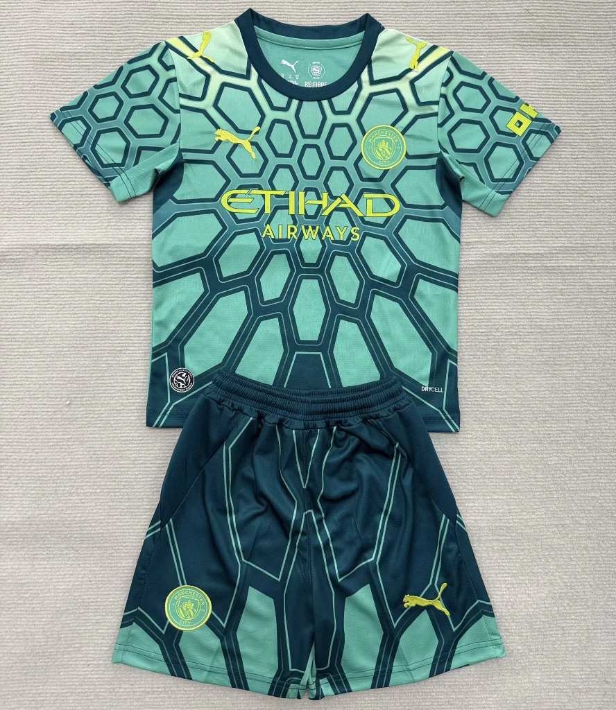 Manchester City 26/27 Green Honeycomb Goalkeeper Kids Jersey Set