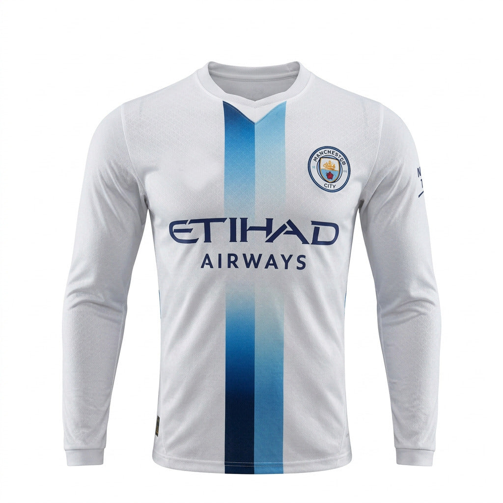 Manchester City 26/27 White/Blue Vertical Stripe Third Away Long Sleeve Jersey