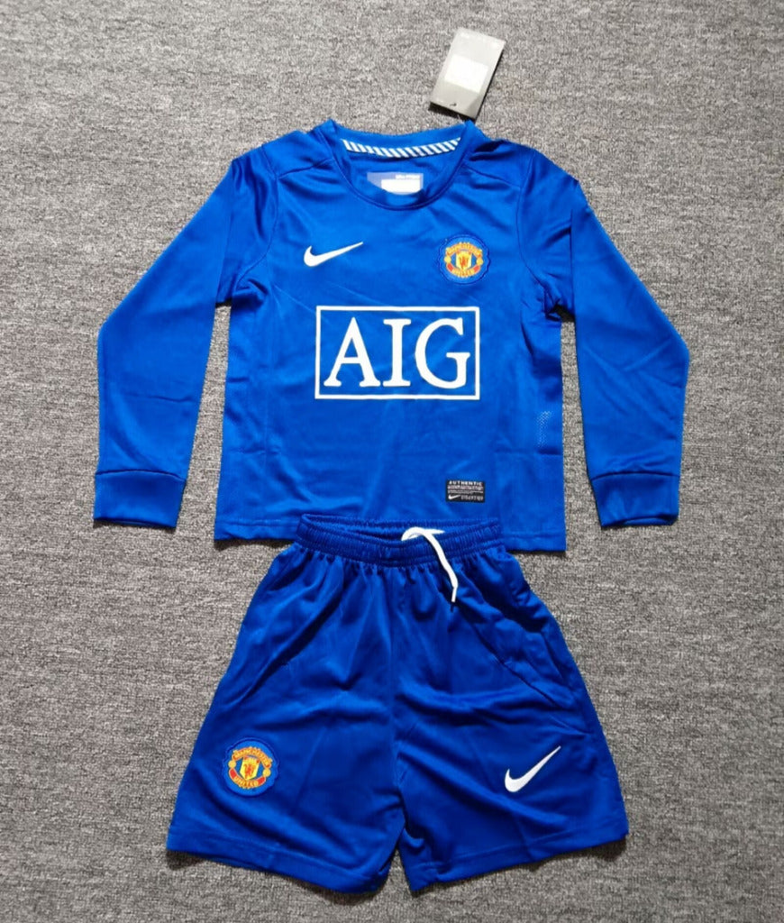 Manchester United 2008/09 Vintage Retro Blue Long Sleeve Kids Jersey Set