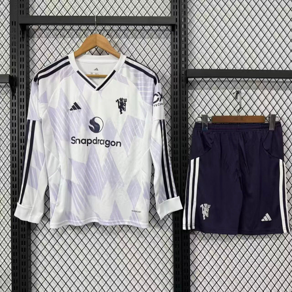 Manchester United 25/26 White Away Long Sleeve Kids Jersey Set