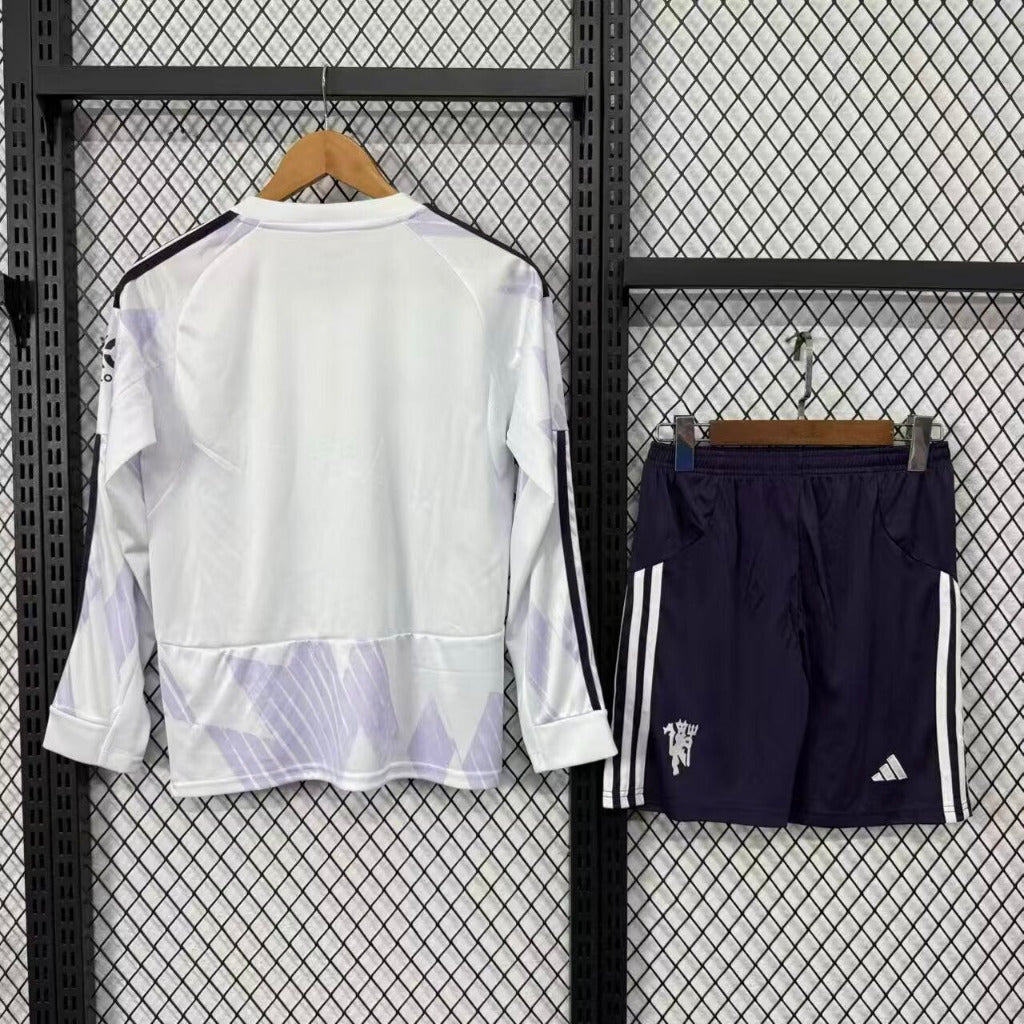 Manchester United 25/26 White Away Long Sleeve Kids Jersey Set