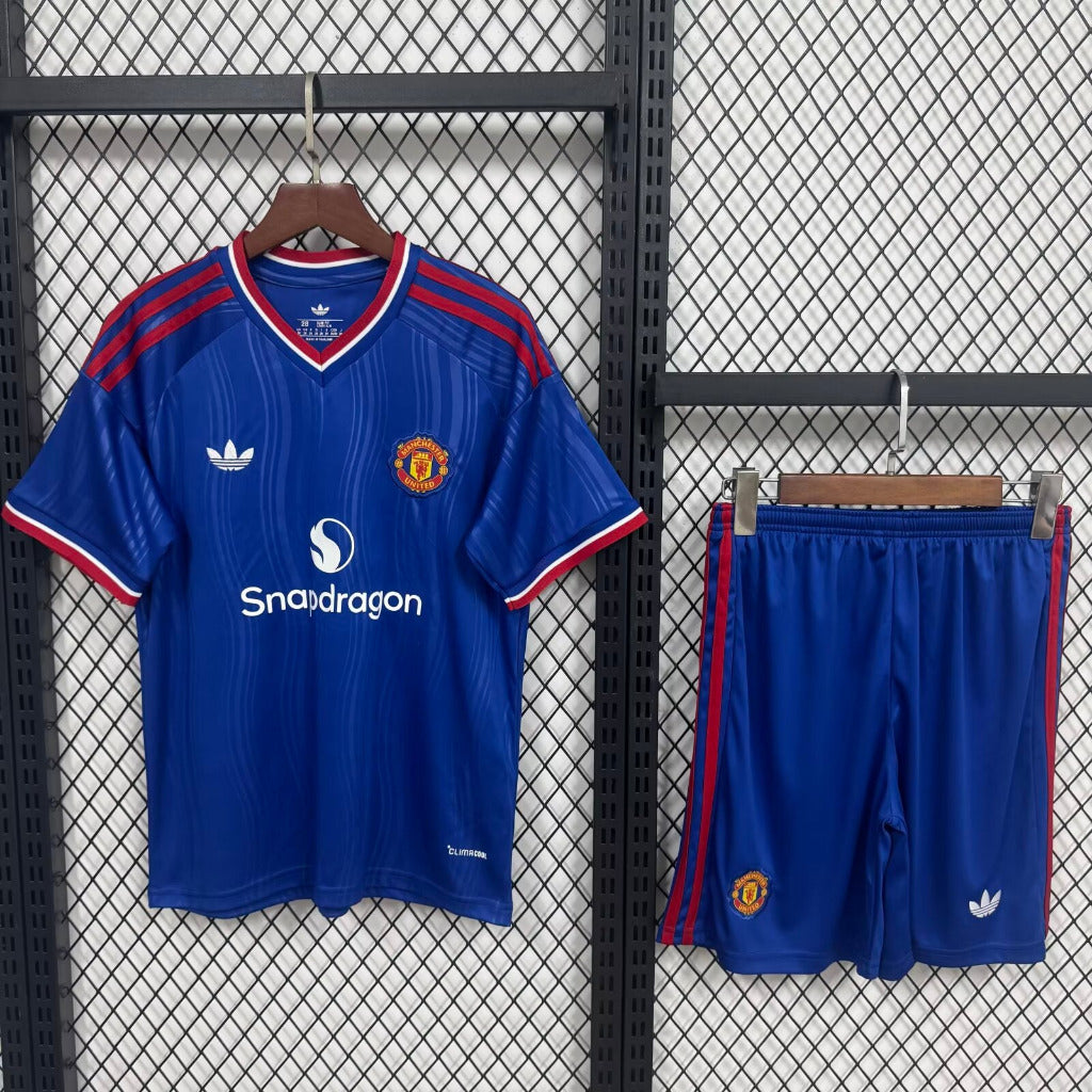 Manchester United 26/27 Blue/Red Trim Away Kids Jersey Set