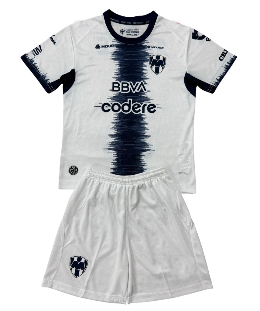 Monterrey 26/27 White/Navy Vertical Stripe Away Kids Jersey Set