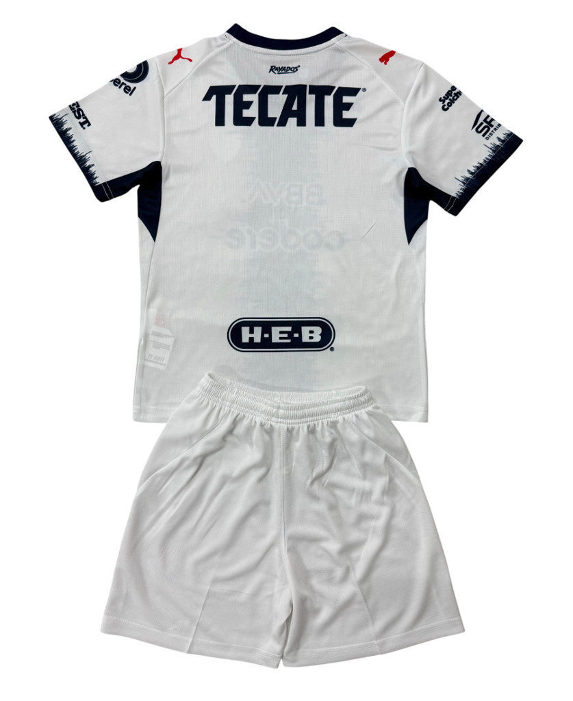 Monterrey 26/27 White/Navy Vertical Stripe Away Kids Jersey Set