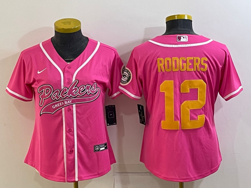 Packers 2021/22 Rodgers #12 Pink/Orange Women Baseball Style Jersey