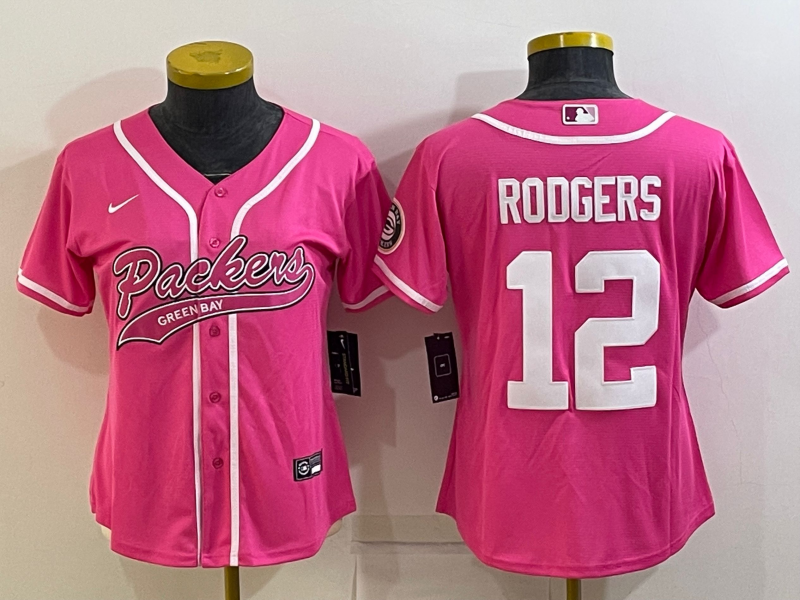 Packers 2021/22 Rodgers #12 Pink Women Baseball Style Jersey