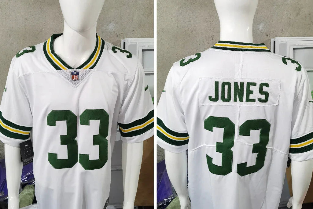 Packers 25/26 Jones #33 White/Green NFL Game Jersey