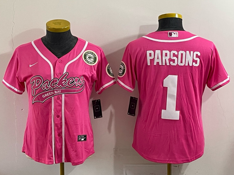 Packers 25/26 Parsons #1 Pink/White Women Baseball Style Jersey