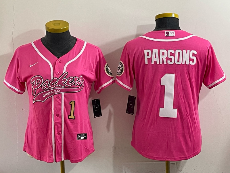 Packers 25/26 Parsons #1 Pink/White Women Baseball Style Jersey
