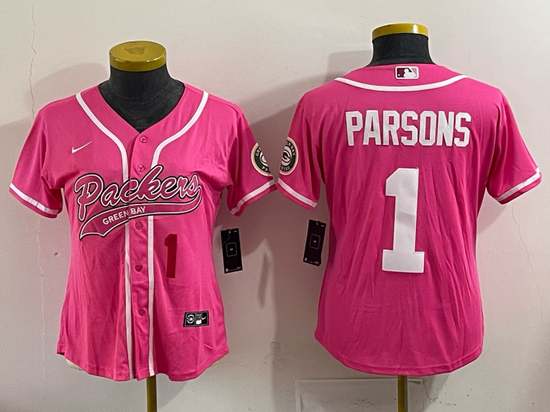 Packers 25/26 Parsons #1 Pink/White Women Baseball Style Jersey