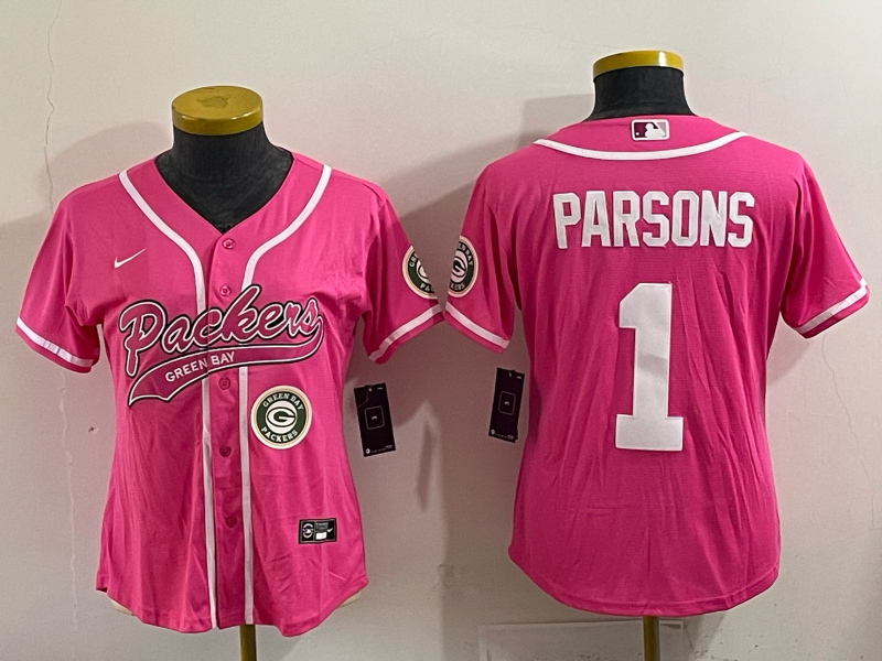 Packers 25/26 Parsons #1 Pink/White Women Baseball Style Jersey