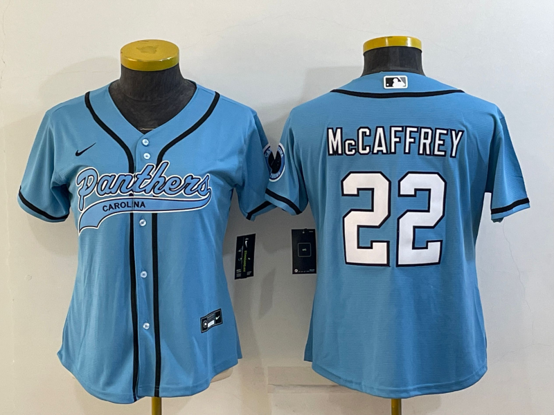 Panthers 2021/22 McCaffrey #22 Blue Women NFL Baseball Style Jersey