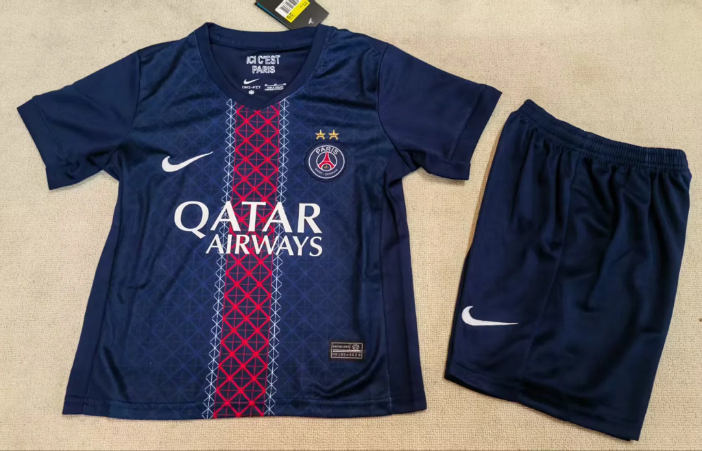 PSG 25/26 2 Star Navy/Red/White Central Stripe Home Kids Jersey Set