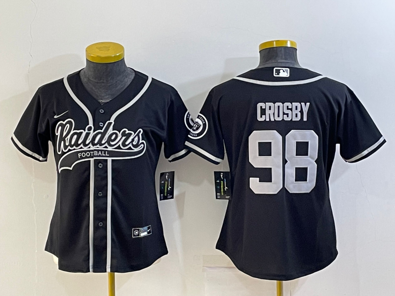 Raiders 2021/22 Crosby #98 Black/White Women NFL Baseball Style Jersey