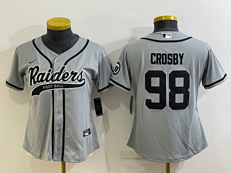 Raiders 2021/22 Crosby #98 Gray/Black Women NFL Baseball Style Jersey