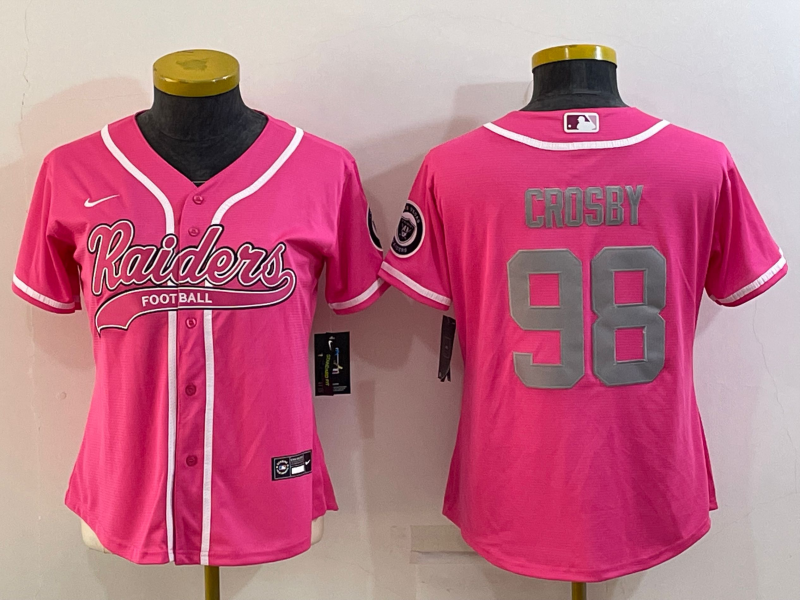 Raiders 2021/22 Crosby #98 Pink/Gray Women NFL Baseball Style Jersey