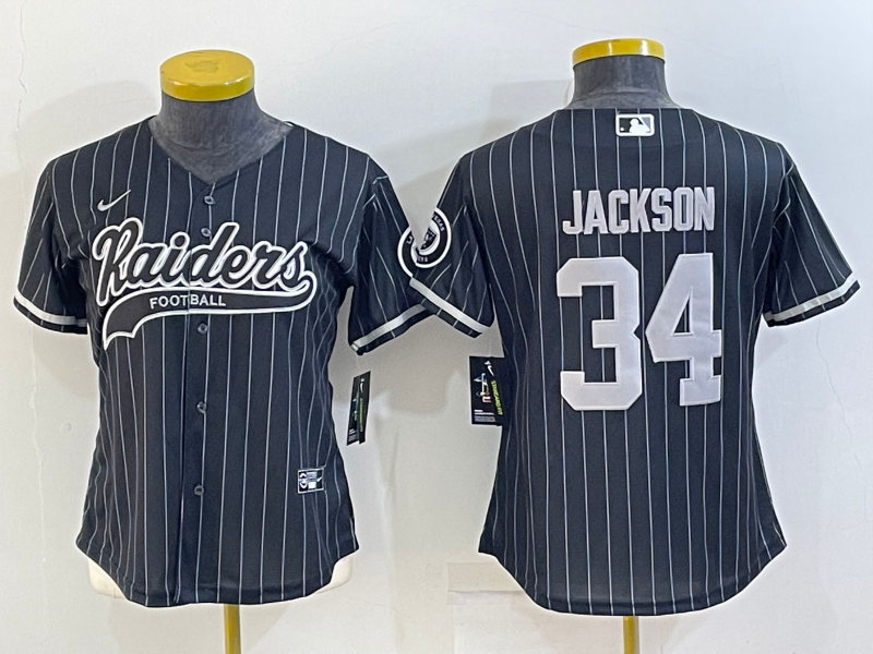 Raiders 2021/22 Jackson #34 Black/White Stripes Women NFL Baseball Style Jersey