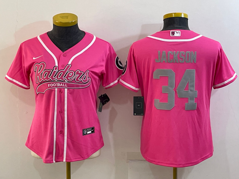Raiders 2021/22 Jackson #34 Pink/Gray Women NFL Baseball Style Jersey
