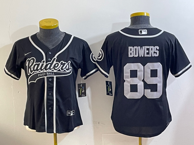 Raiders 2023/24 Bowers #89 Black/White Women NFL Baseball Style Jersey