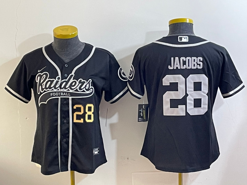 Raiders 2023/24 Jacobs #28 Black/White Women NFL Baseball Style Jersey