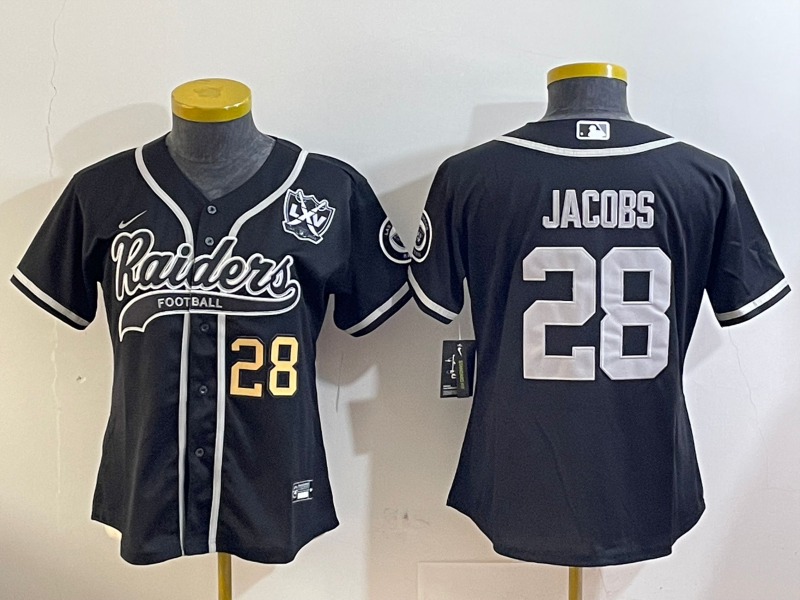 Raiders 2023/24 Jacobs #28 Black/White Women NFL Baseball Style Jersey