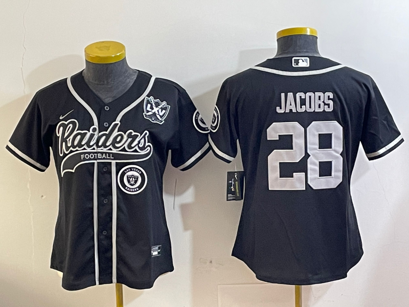 Raiders 2023/24 Jacobs #28 Black/White Women NFL Baseball Style Jersey
