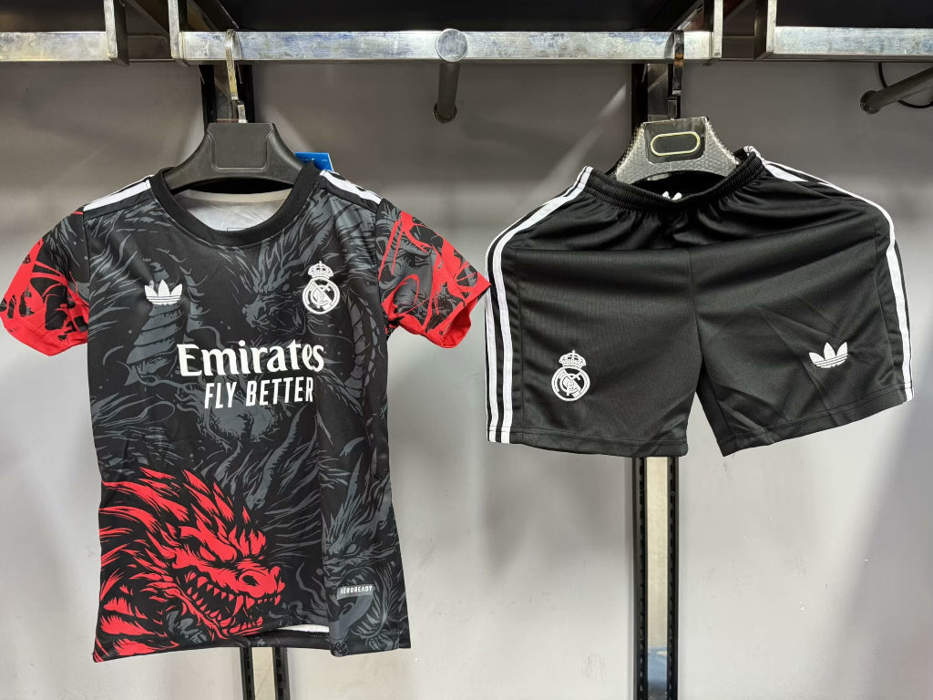 Real Madrid 25/26 Black/Red Dragon Kids Jersey Set
