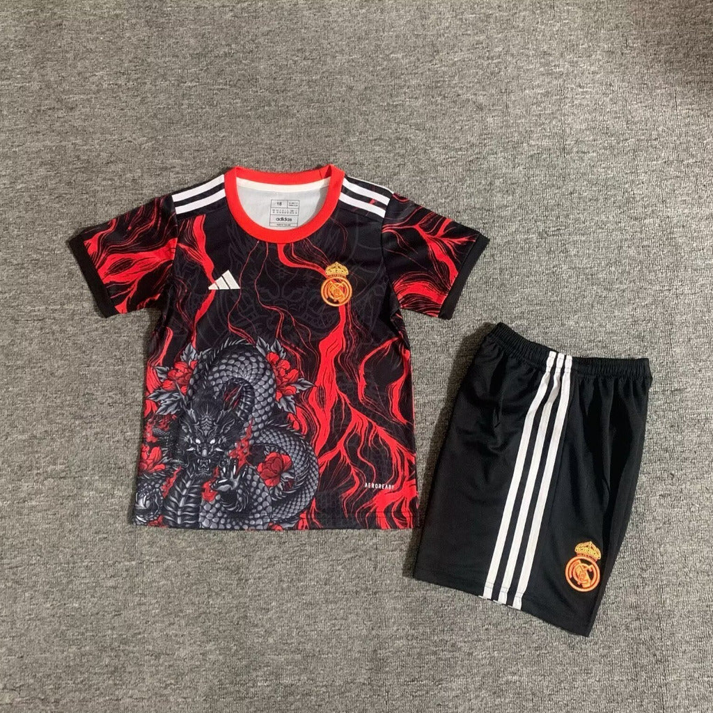 Real Madrid 25/26 Black/Red/White Dragon Kids Jersey Set