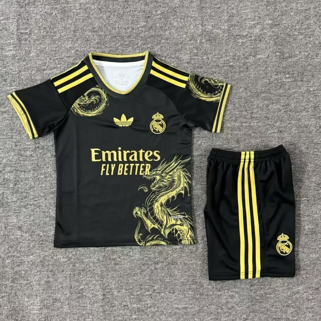 Real Madrid 25/26 Black/Yellow Special Edition Kids Jersey Set