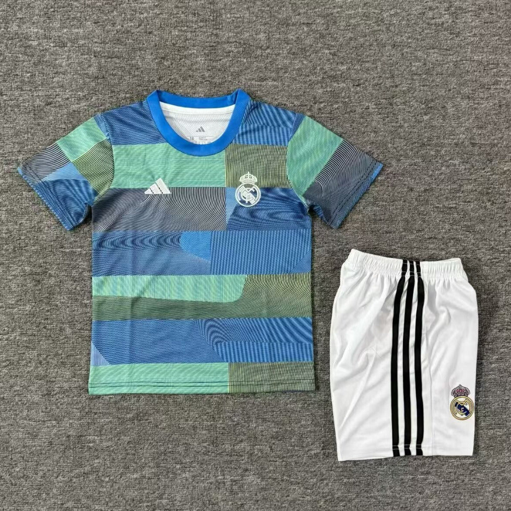 Real Madrid 25/26 Blue/Green Pre-Match Training Kids Jersey Set
