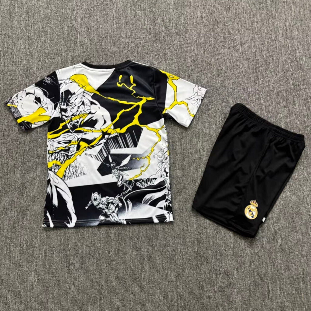 Real Madrid 25/26 White/Black/Yellow Pre-Match Kids Jersey Set