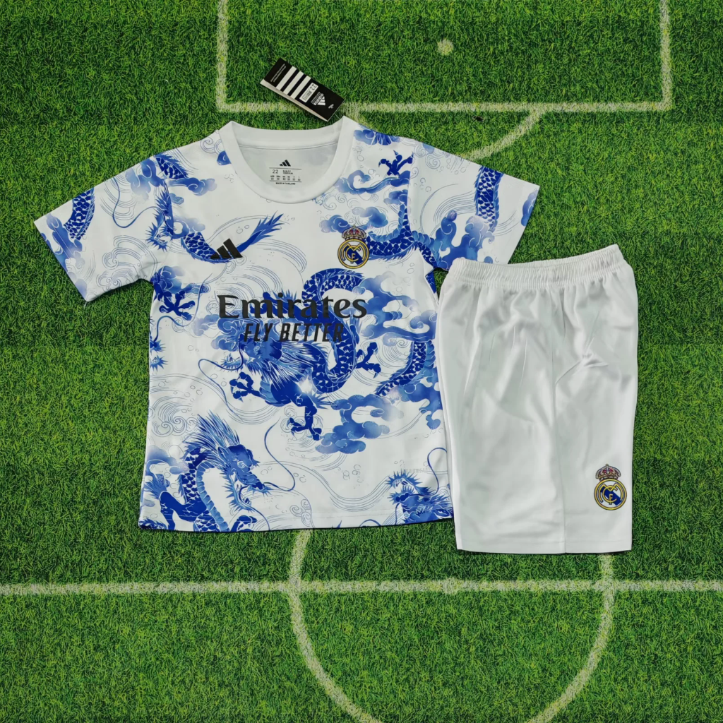 Real Madrid 25/26 White/Blue Dragon Kids Jersey Set