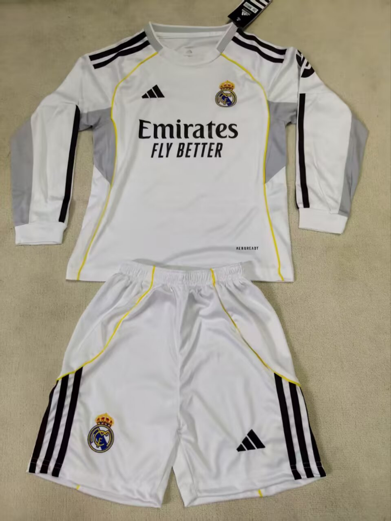 Real Madrid 25/26 White Long Sleeved Home Kids Jersey Set